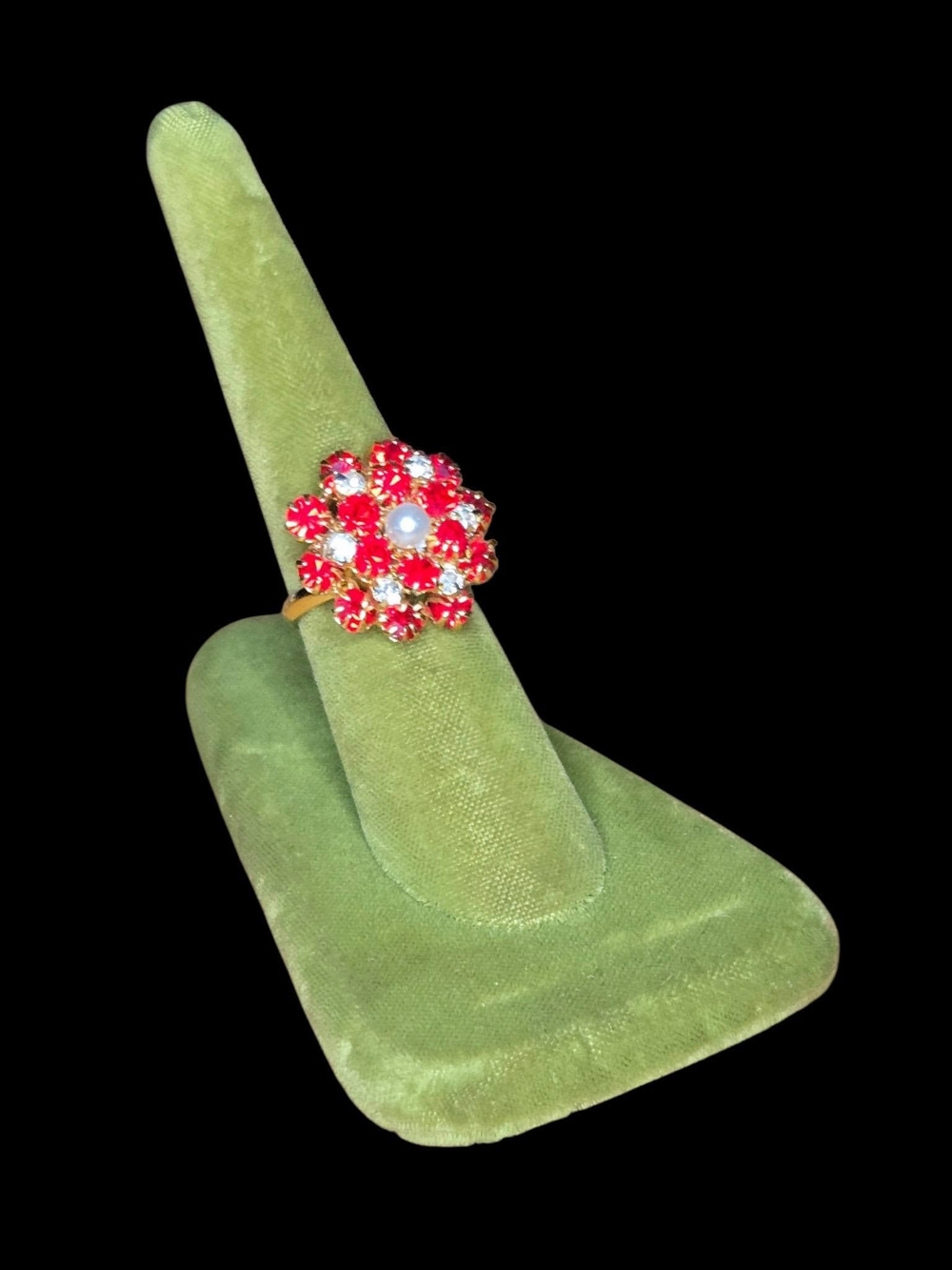 Vintage Red & Clear Rhinestone Faux Pearl Cluster Statement Ring Size 6